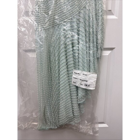 MAC DUGGAL Size 10 Green 93741 ONE SHOULDER Pearl Sequin Midi GOWN Formal Dress - Picture 10 of 11